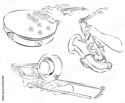 trombone, guitar, saxophone, set of line arts
