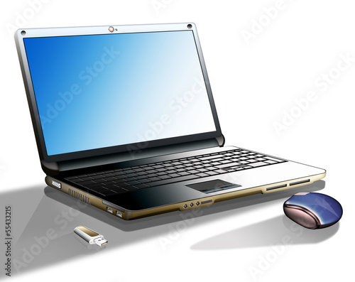 Arbeitsplat mit Laptop, Mouse und USB-Stick