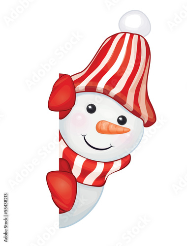 Vector of fun snowman hiding by blank isolated.
