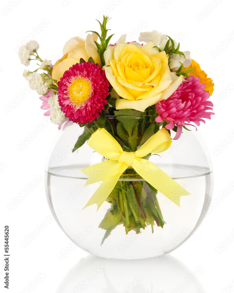 Beautiful bouquet of bright flowers in glass vase, isolated Beautiful bouquet of bright flowers in glass vase, isolated