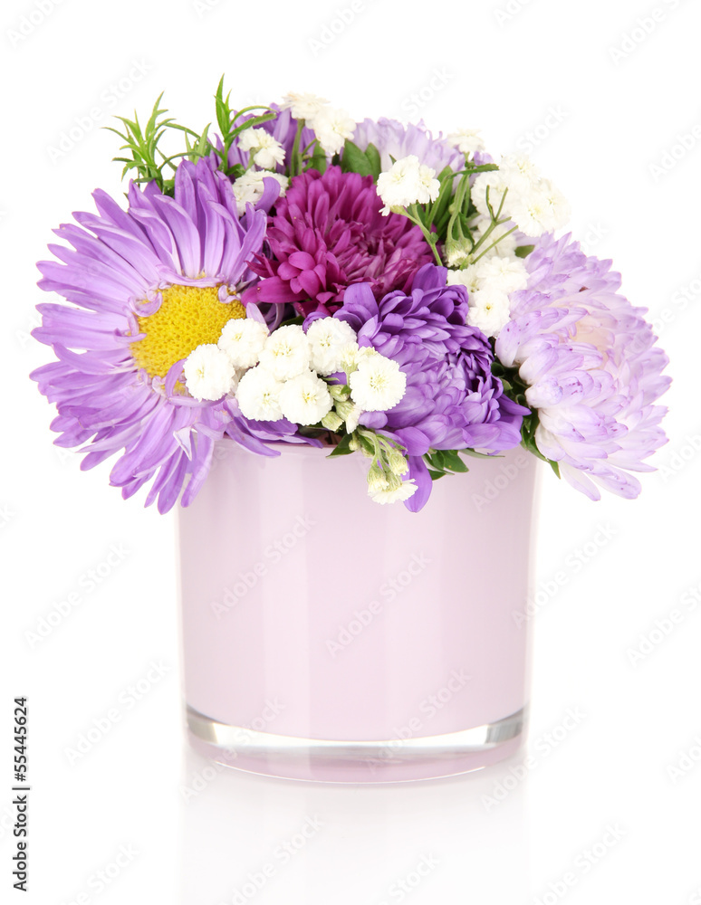 Beautiful bouquet of bright flowers in glass vase, isolated