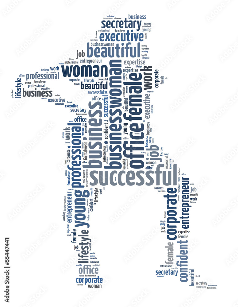 Words illustration of a woman at work in white background Words illustration of a woman at work in white background