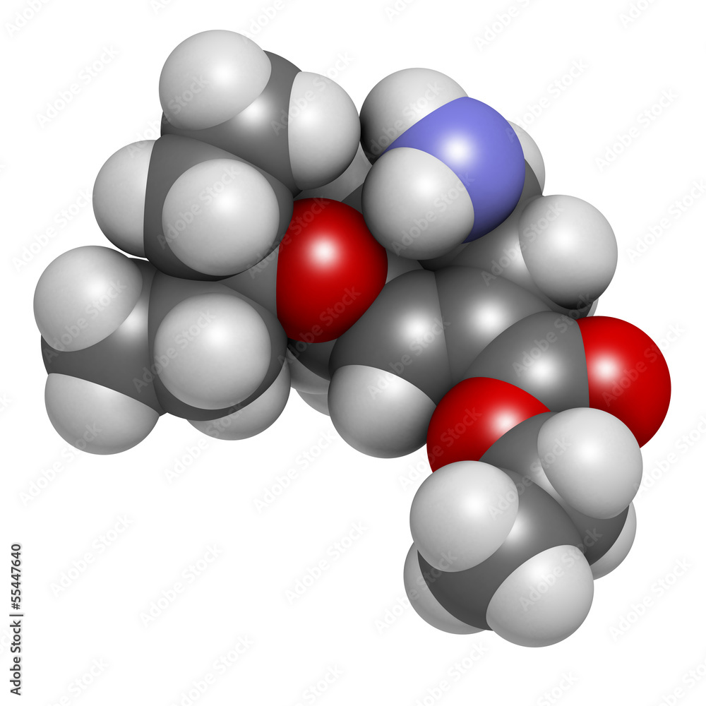 Oseltamivir influenza virus drug, chemical structure. Oseltamivir influenza virus drug, chemical structure.