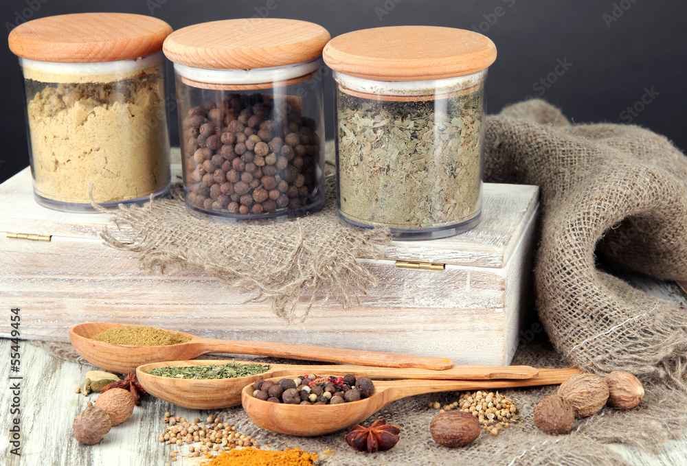 Acrylglasbilder mit Assortment of spices in wooden spoons and glass jars, #55449454