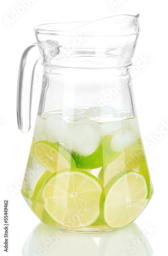 Cold water with lime, lemon and ice isolated on white