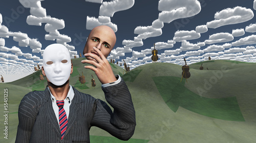 Fotografía Man removes face to reveal mask underneath in surreal landscape