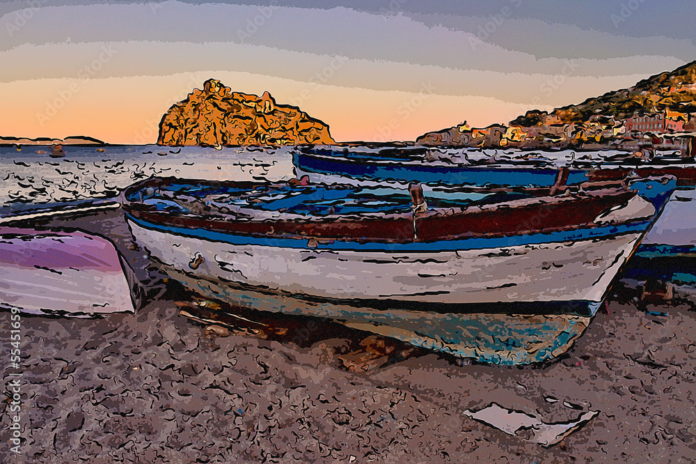 Aragonese Casle (Ischia Island) view beach old prison at sunset Aragonese Casle (Ischia Island) view beach old prison at sunset