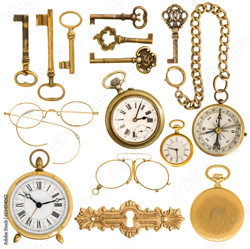 golden vintage accessories. antique keys, clock, glasses, compas