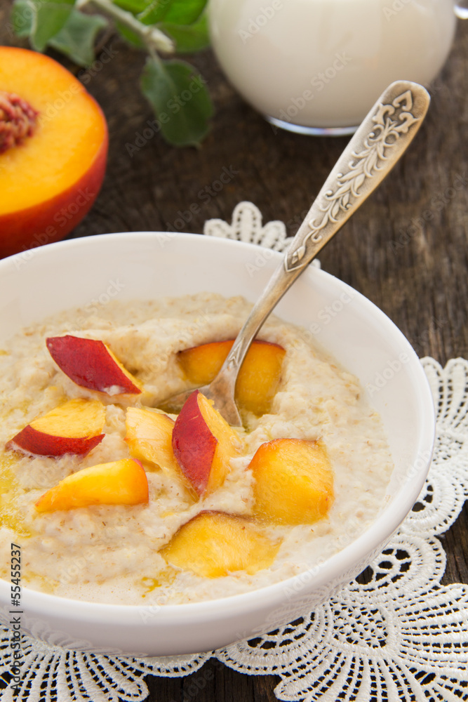 Breakfast, oatmeal with peaches. Breakfast, oatmeal with peaches.