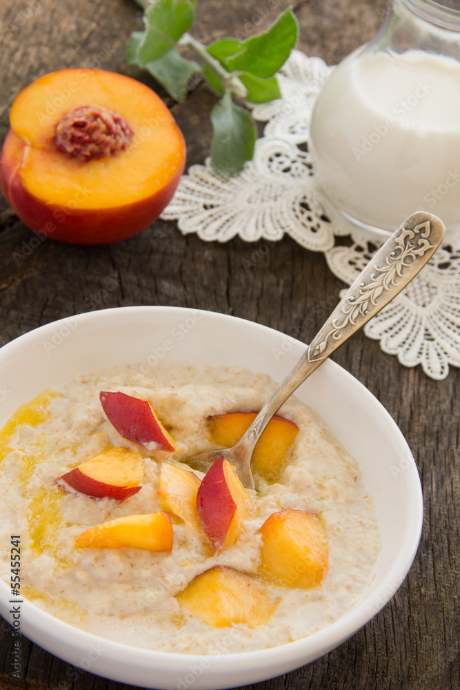 Breakfast, oatmeal with peaches. Breakfast, oatmeal with peaches.