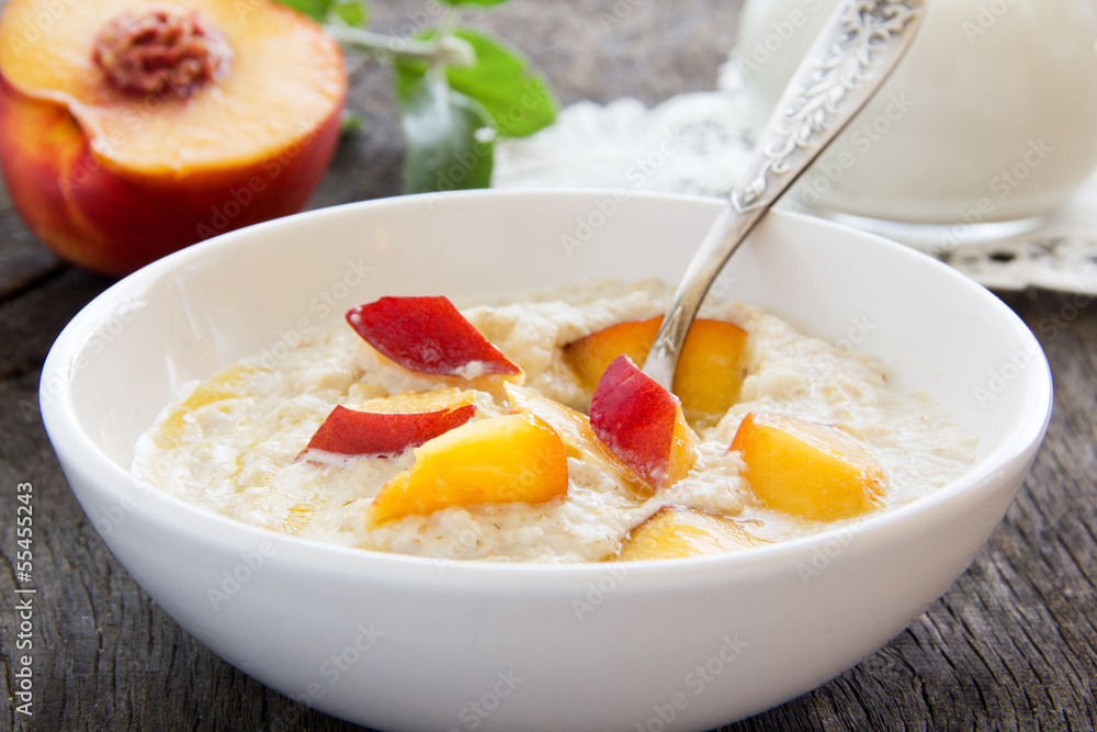Breakfast, oatmeal with peaches. Breakfast, oatmeal with peaches.