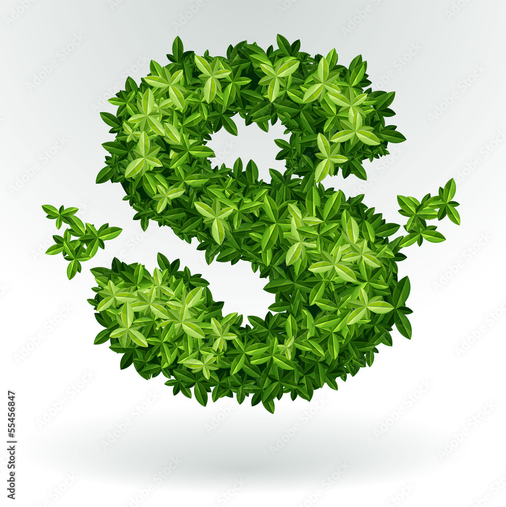 Letter S, green leaves summer vector alphabet. Letter S, green leaves summer vector alphabet.