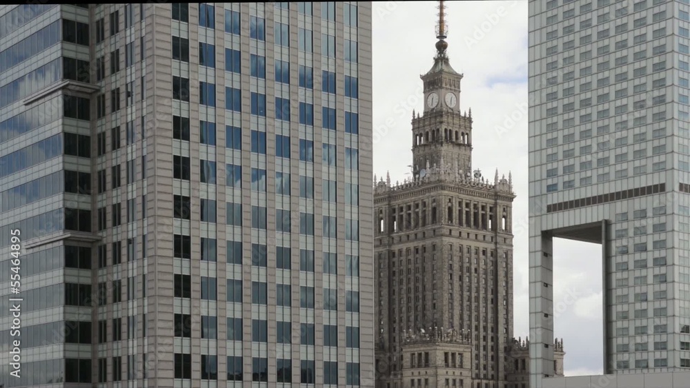 Warsaw city center panorama at cloudy day, Poland, Europe