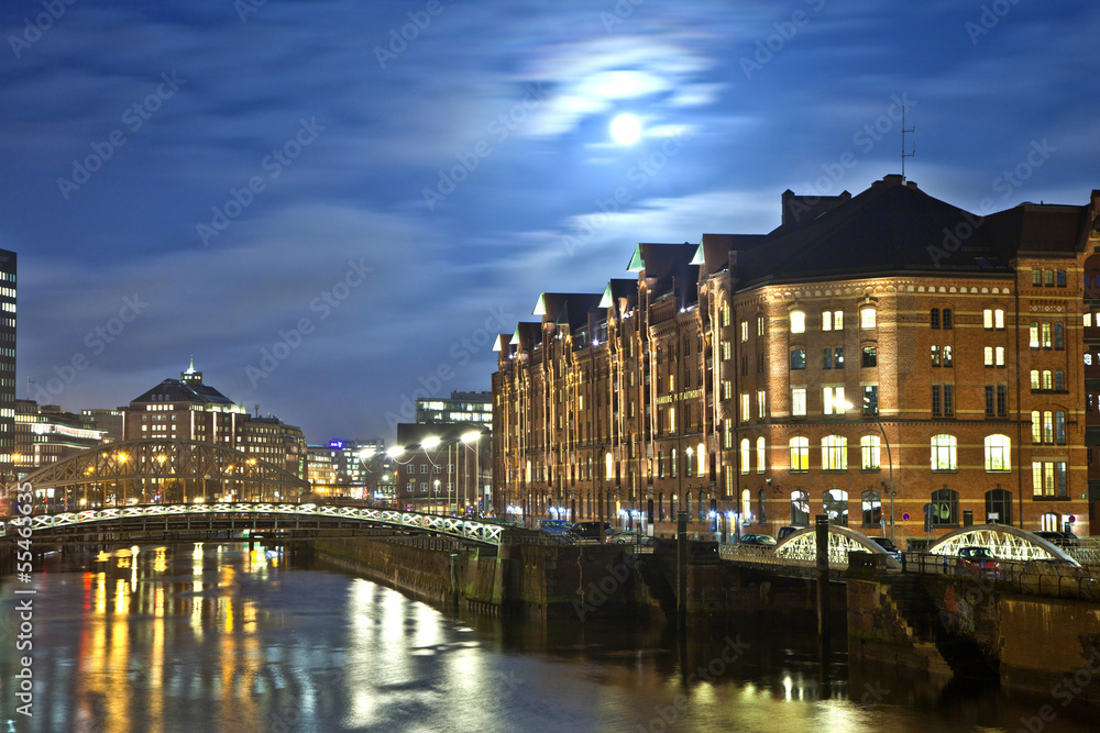 Speicherstadt at night in Hamburg
