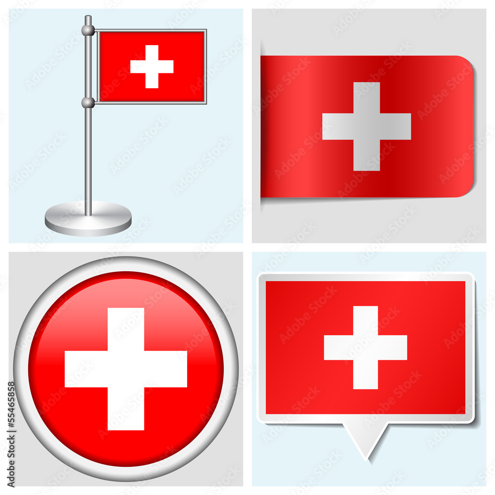 Switzerland flag - set of sticker, button, label and flagstaff Switzerland flag - set of sticker, button, label and flagstaff