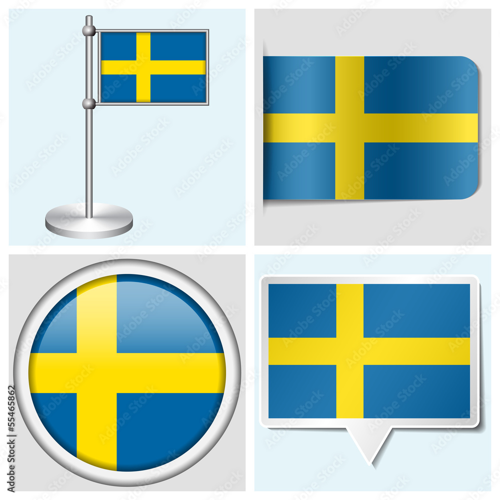 Sweden flag - set of sticker, button, label and flagstaff Sweden flag - set of sticker, button, label and flagstaff