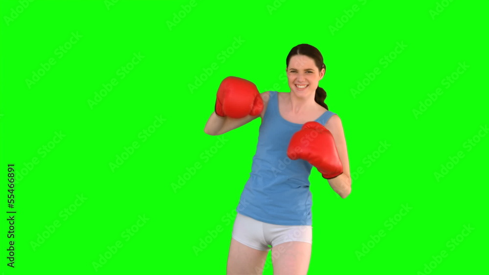Energetic model with boxing gloves cheering Energetic model with boxing gloves cheering