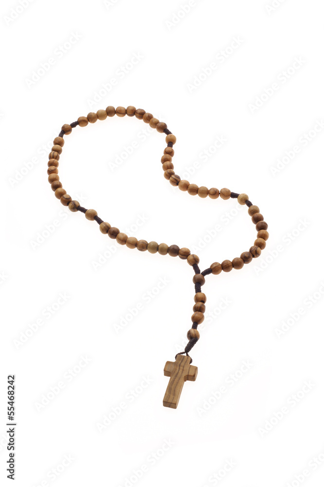 Wood rosary with cross isolated on white Wood rosary with cross isolated on white