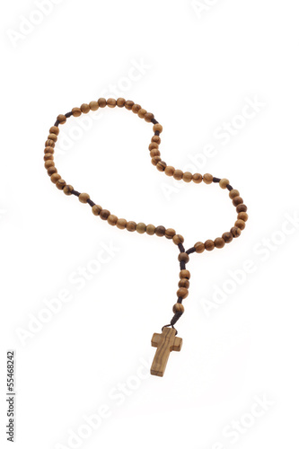 Wood rosary with cross isolated on white