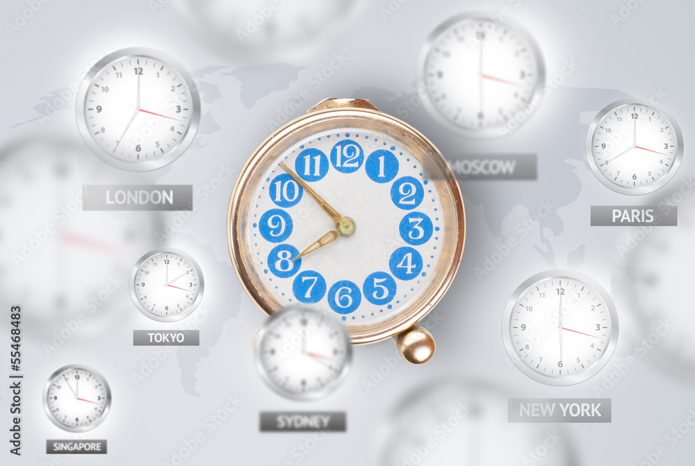 Clocks and time zones over the world concept Clocks and time zones over the world concept