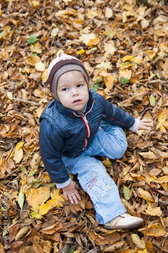 Little boy sitting on yellow autumn foliage, park. Little boy sitting on yellow autumn foliage, park.