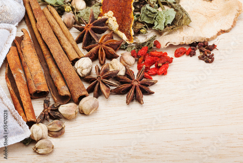 spices on wooden background