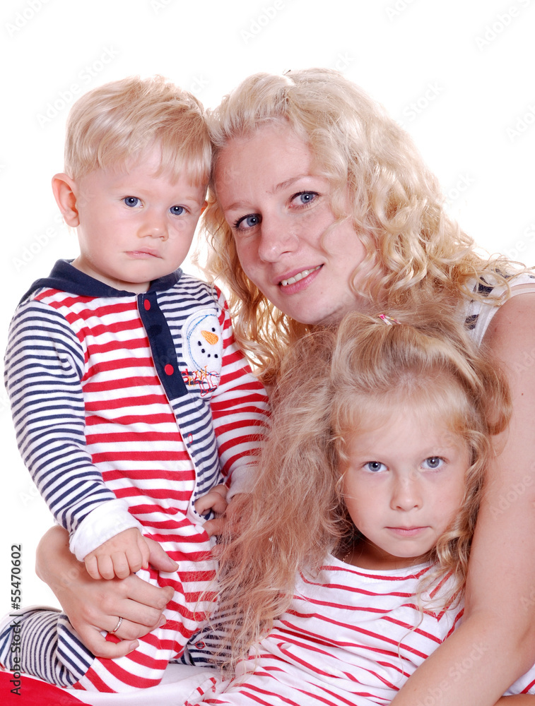 happy mother with two small children on white happy mother with two small children on white