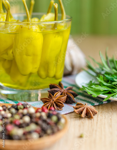 spices: pepperoncini, garlic, parsley, star anise and peppercorn