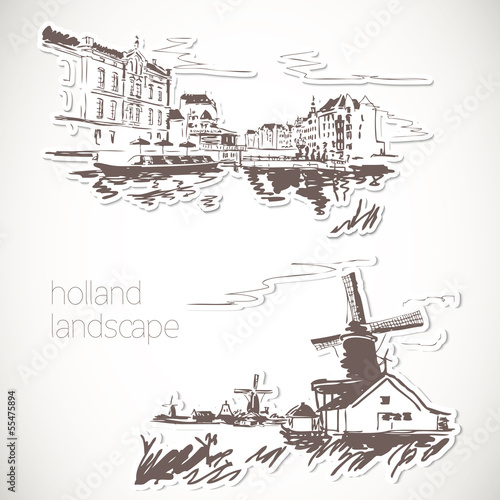 Holland hand drawn landscape in vintage style