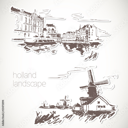 Canvas Print Holland hand drawn landscape in vintage style