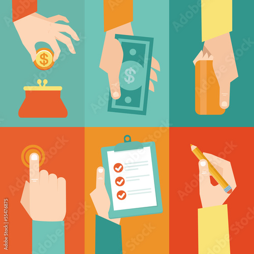 Vector set of hands  with money and contract