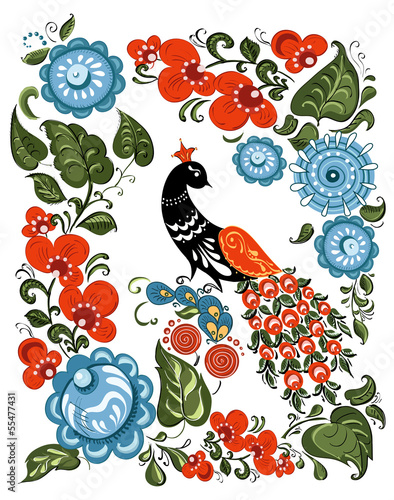 flowers and bird in Russian traditional gorodetsky style