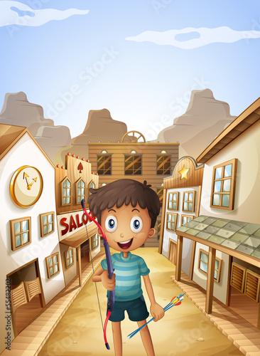 A small man holding a bow and an arrow near the saloon bars
