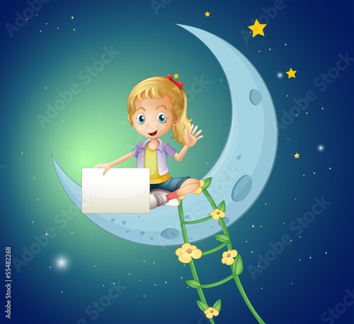 A girl sitting at the moon while holding an empty signage