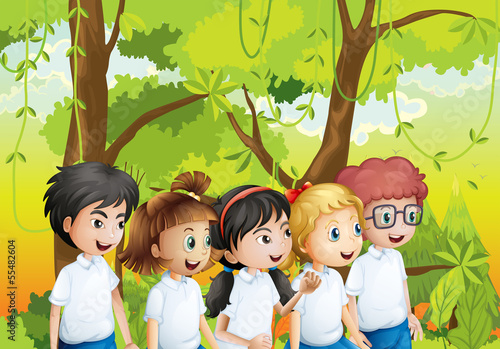 Five students at the forest