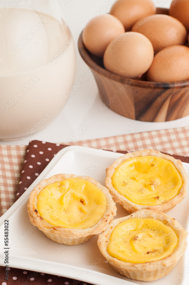 Egg tarts served in ceramic plate. Egg tarts served in ceramic plate.