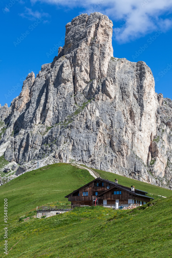 Chalet at the foot of a high mountain