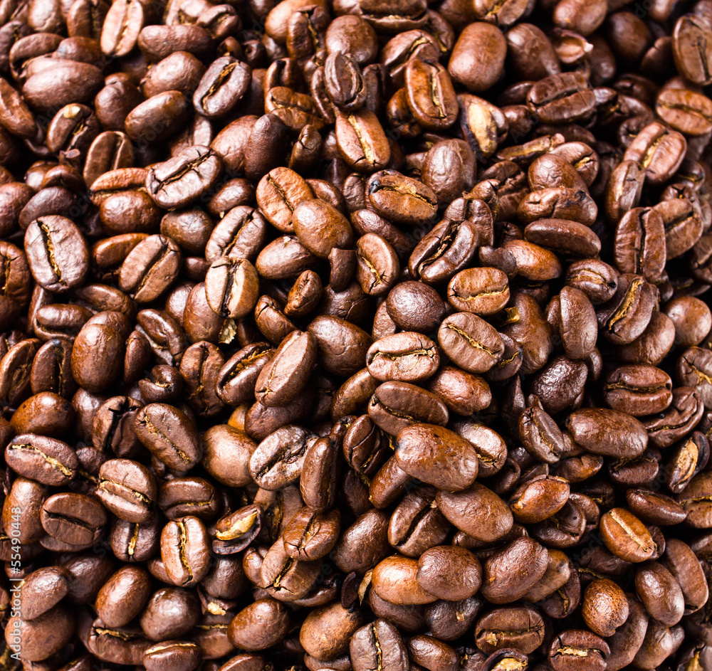 Fototapeta premium Coffee beans background or texture high resolution, closeup