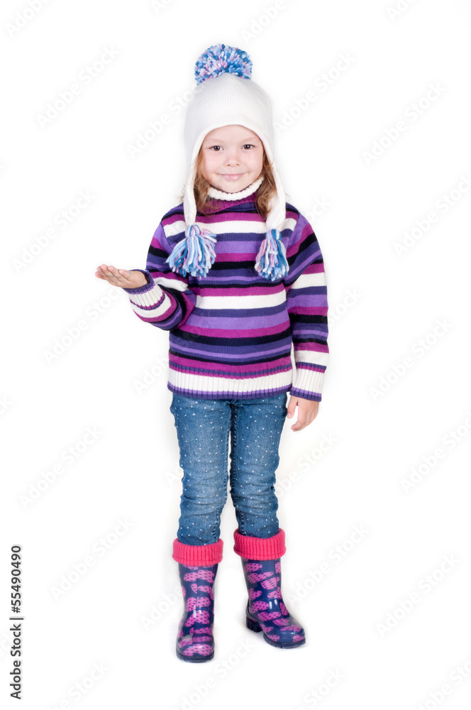 Little girl in winter clothes with empty hand Little girl in winter clothes with empty hand