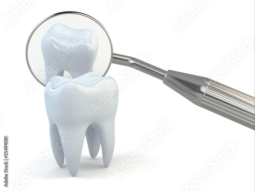 Tooth and dental equipment on white background.