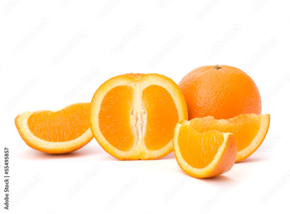 Sliced orange fruit segments isolated on white background Sliced orange fruit segments isolated on white background