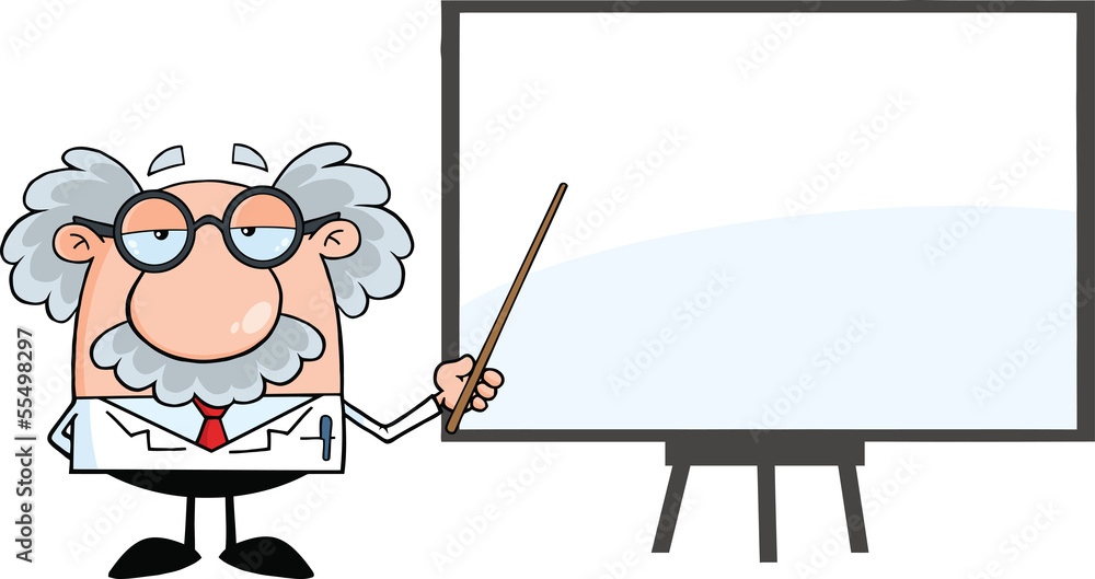 Funny Scientist Or Professor With Pointer Presenting On A Board Funny Scientist Or Professor With Pointer Presenting On A Board