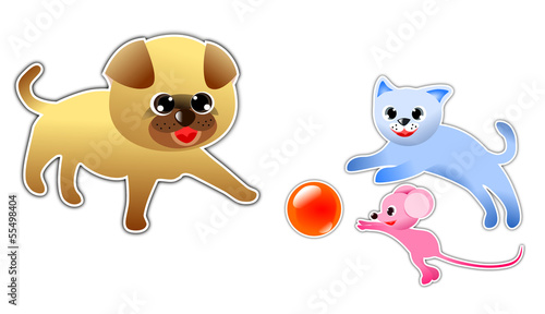 Dog, cat and Mouse playing ball together