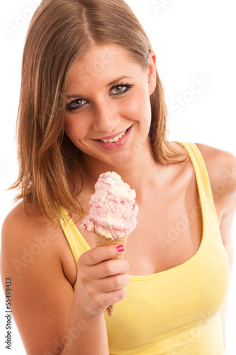 Attractive young woman eating ice cream
