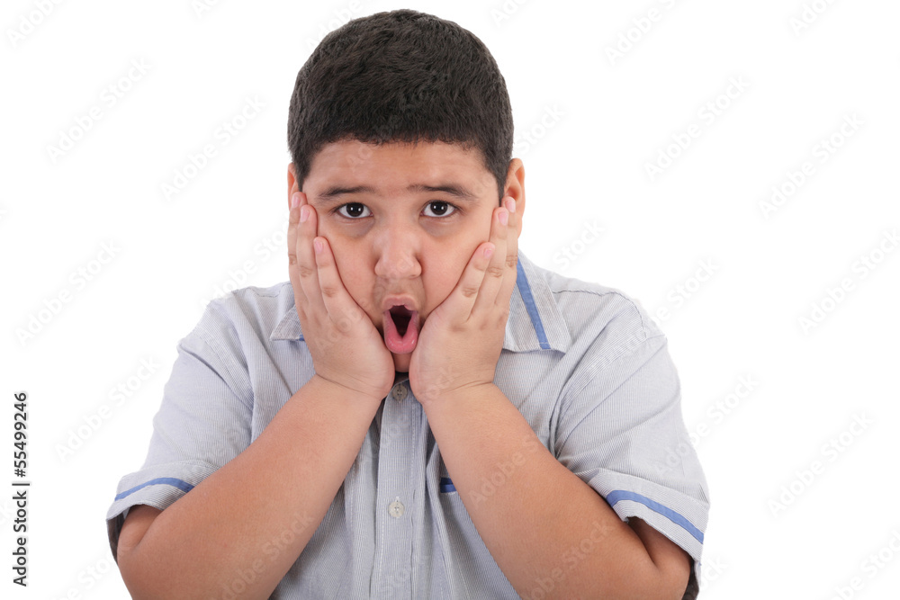Scared litle kid boy holding hands on face and screaming isolate Scared litle kid boy holding hands on face and screaming isolate
