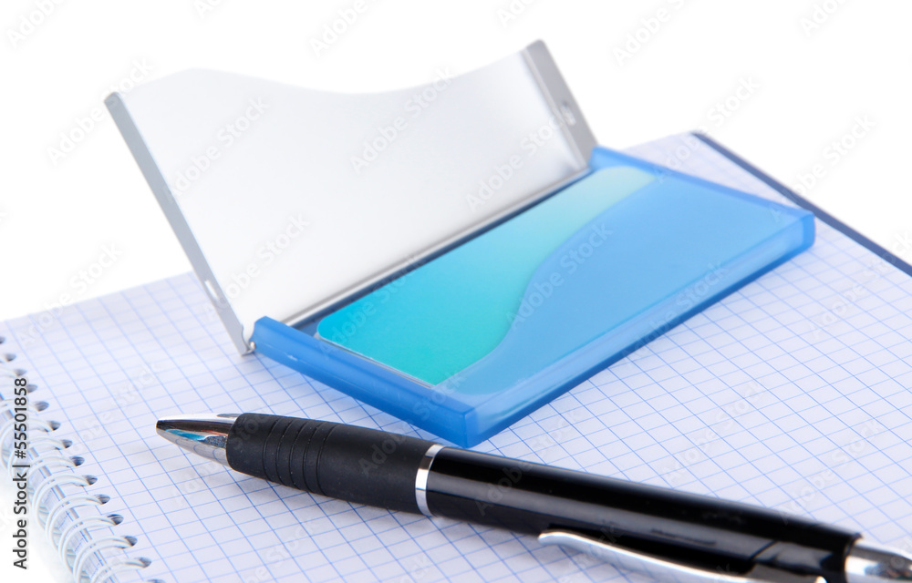 Blue business card holder, notebook and pen close-up Blue business card holder, notebook and pen close-up