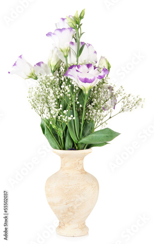 Bouquet of eustoma flowers in vase, isolated on white