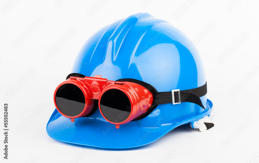 blue helmet and red welder glasses blue helmet and red welder glasses