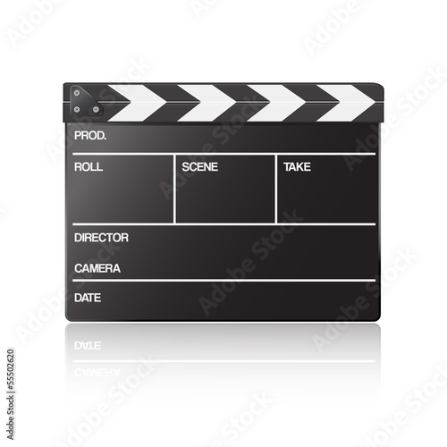 Movie production clapper board on white
