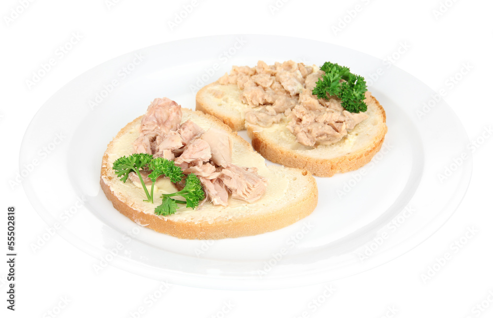 Tasty sandwiches with tuna and cod liver, isolated on white Tasty sandwiches with tuna and cod liver, isolated on white